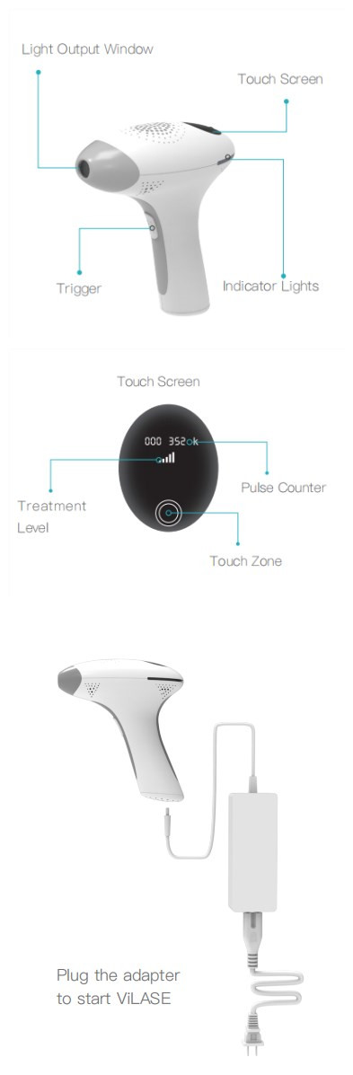Product details showing parts of the portable laser hair removal device