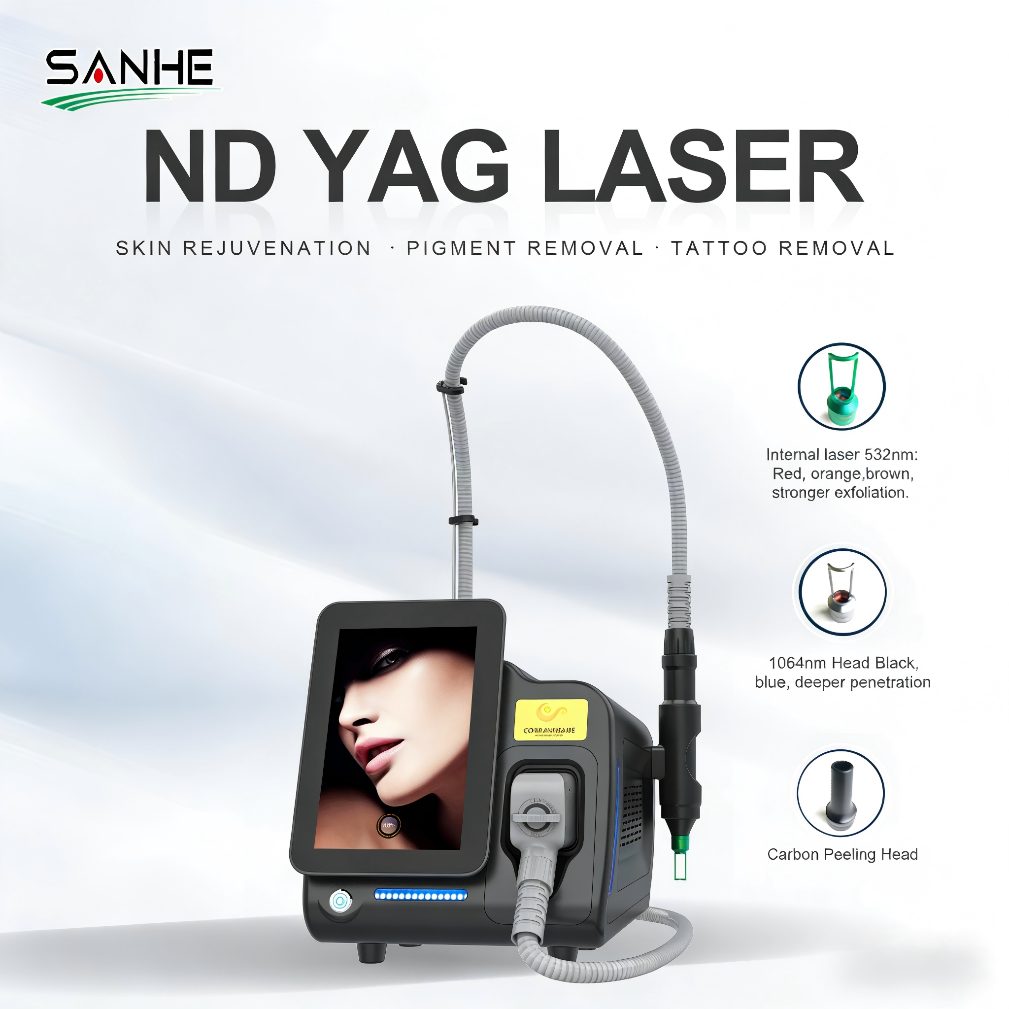 Portable ND YAG Laser Machine Q-Switched For Tattoo Removal Skin Whitening 1064nm 532nm 3 Handles CE