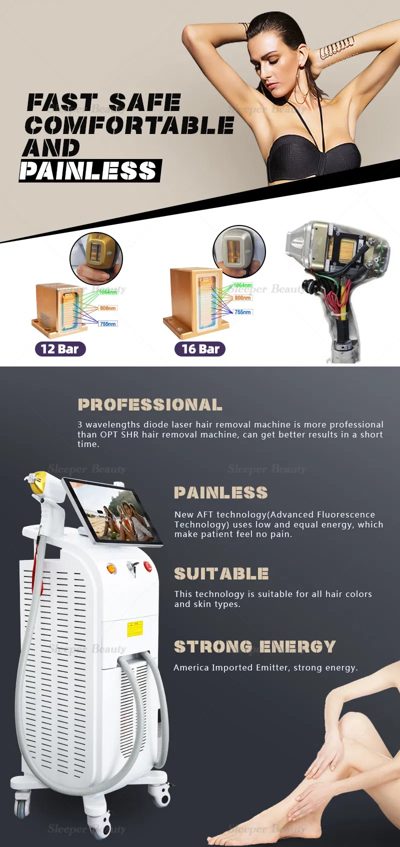 Professional 808nm Diode Laser Hair Removal Machine New Tec Cooling Technology 2 Years Warranty Remote Control System