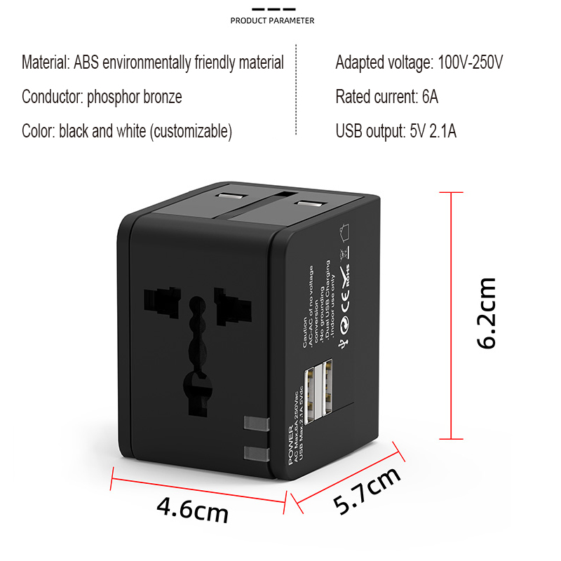 Worldwide All in One Universal Travel Adaptor Wall AC Power Plug Adapter Wall Charger with Dual USB Charging Ports for USA EU UK Aus Cell Phone Laptop Black