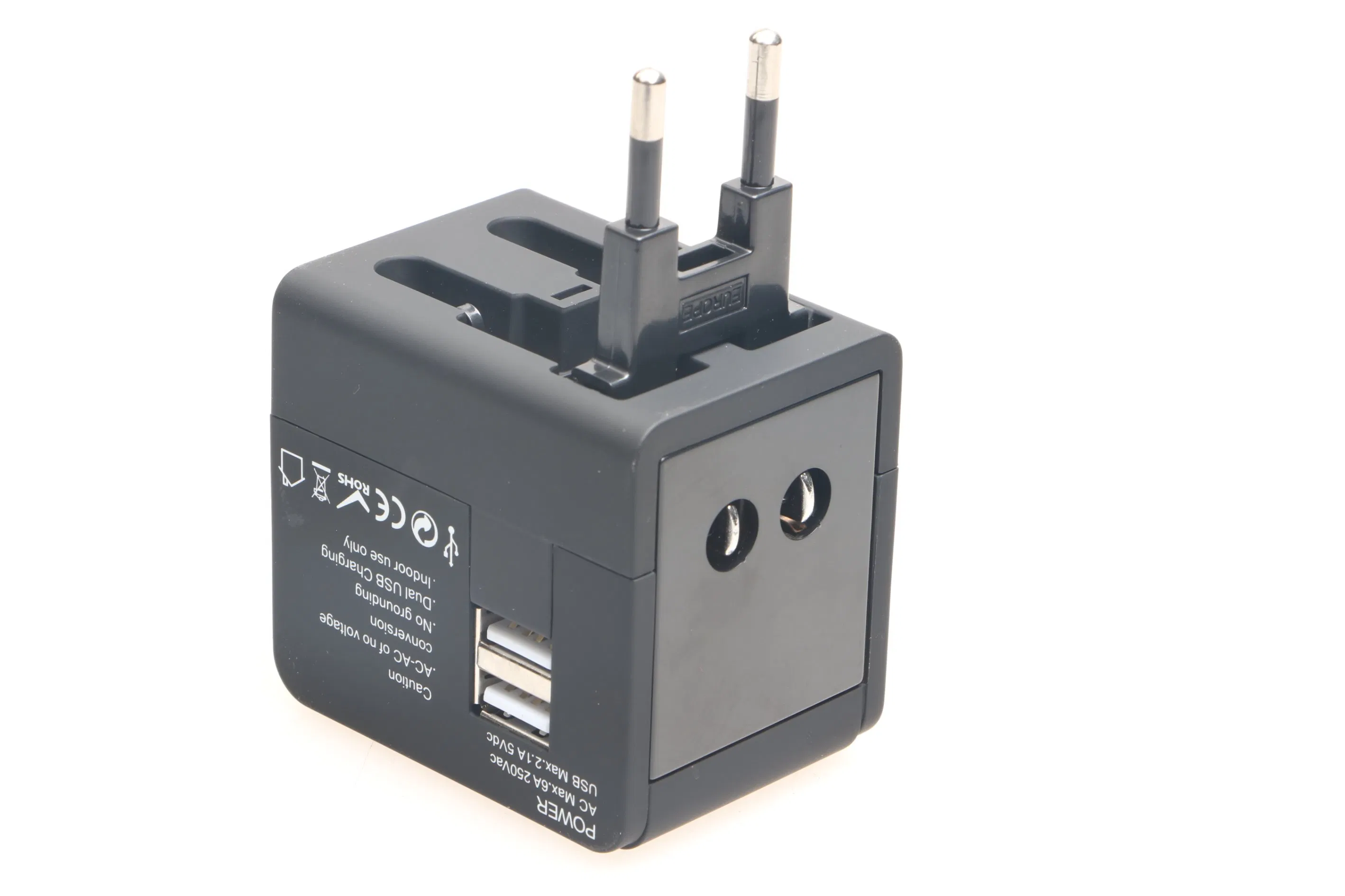 Worldwide All in One Universal Travel Adaptor Wall AC Power Plug Adapter Wall Charger with Dual USB Charging Ports for USA EU UK Aus Cell Phone Laptop Black