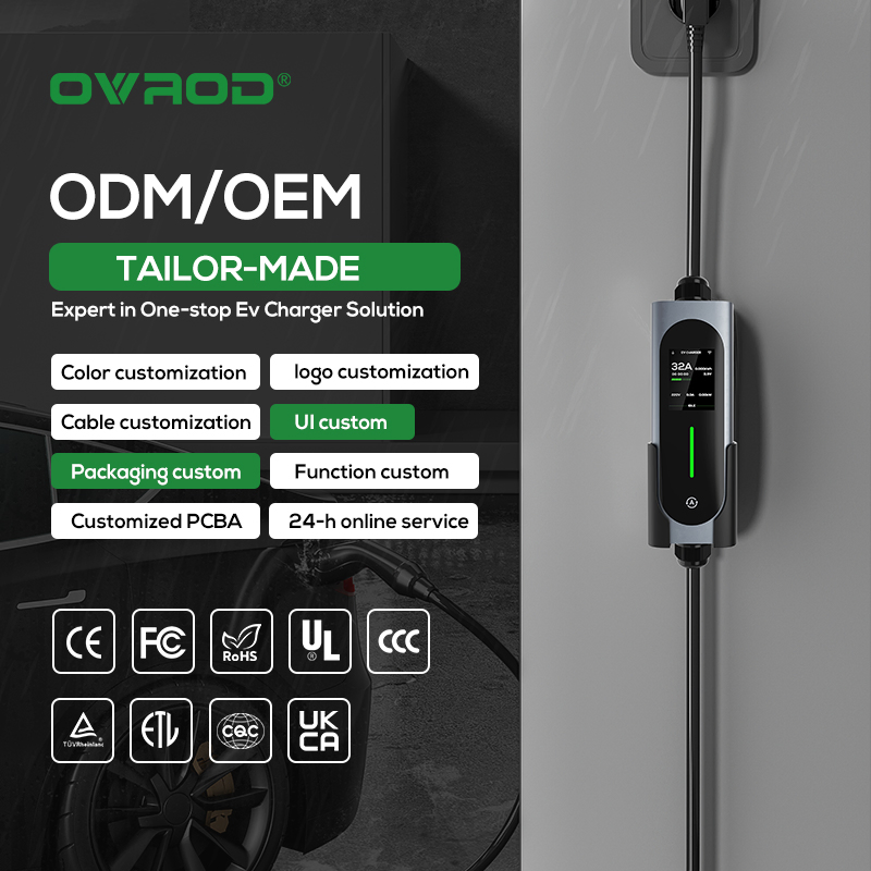 Ovrod Wi-Fi APP Control Vehicle Electric Charging Station Level 2 1 Phase 7kw Fast AC Gbt 32A Home Portable EV Charger Station