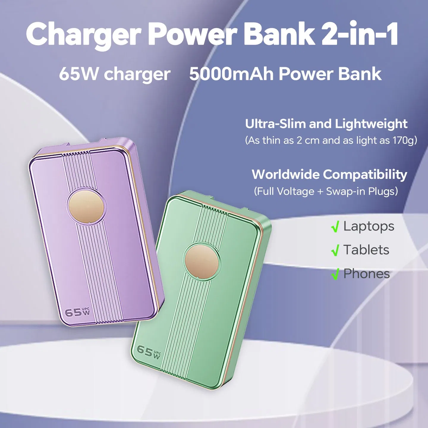 5000mAh Power Bank with Dual USB-C Port 65W Wall Charger with AC Plug, Durable Charger for Cell Phone Mobile Phone