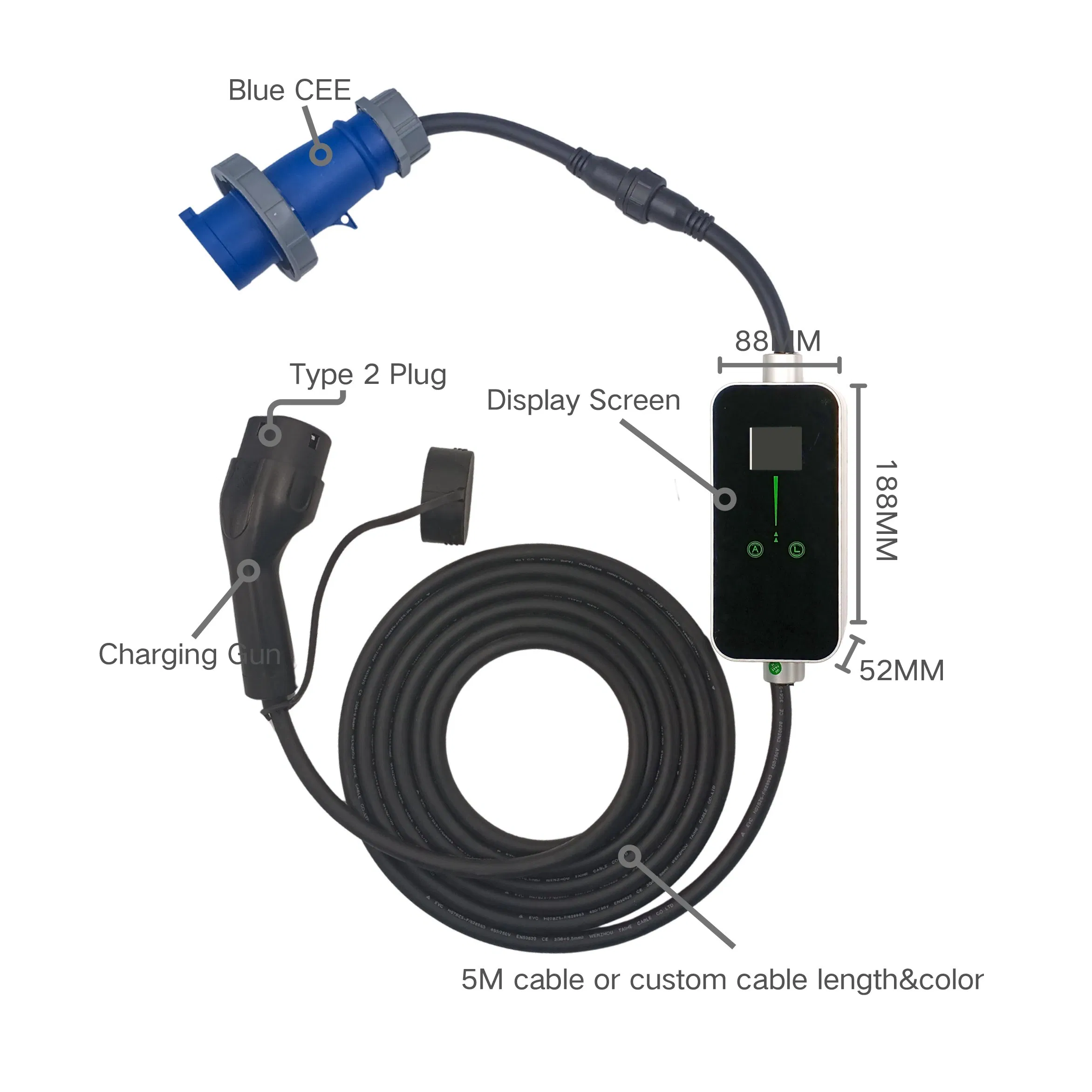 7kw Type 2 EV Charger Portable Single Phase AC1638 (E2) China Supplier