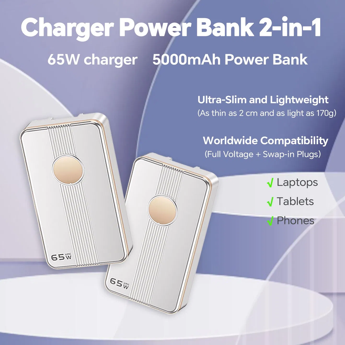 5000mAh Power Bank with Dual USB-C Port 65W Wall Charger with AC Plug, Durable Charger for Cell Phone Mobile Phone