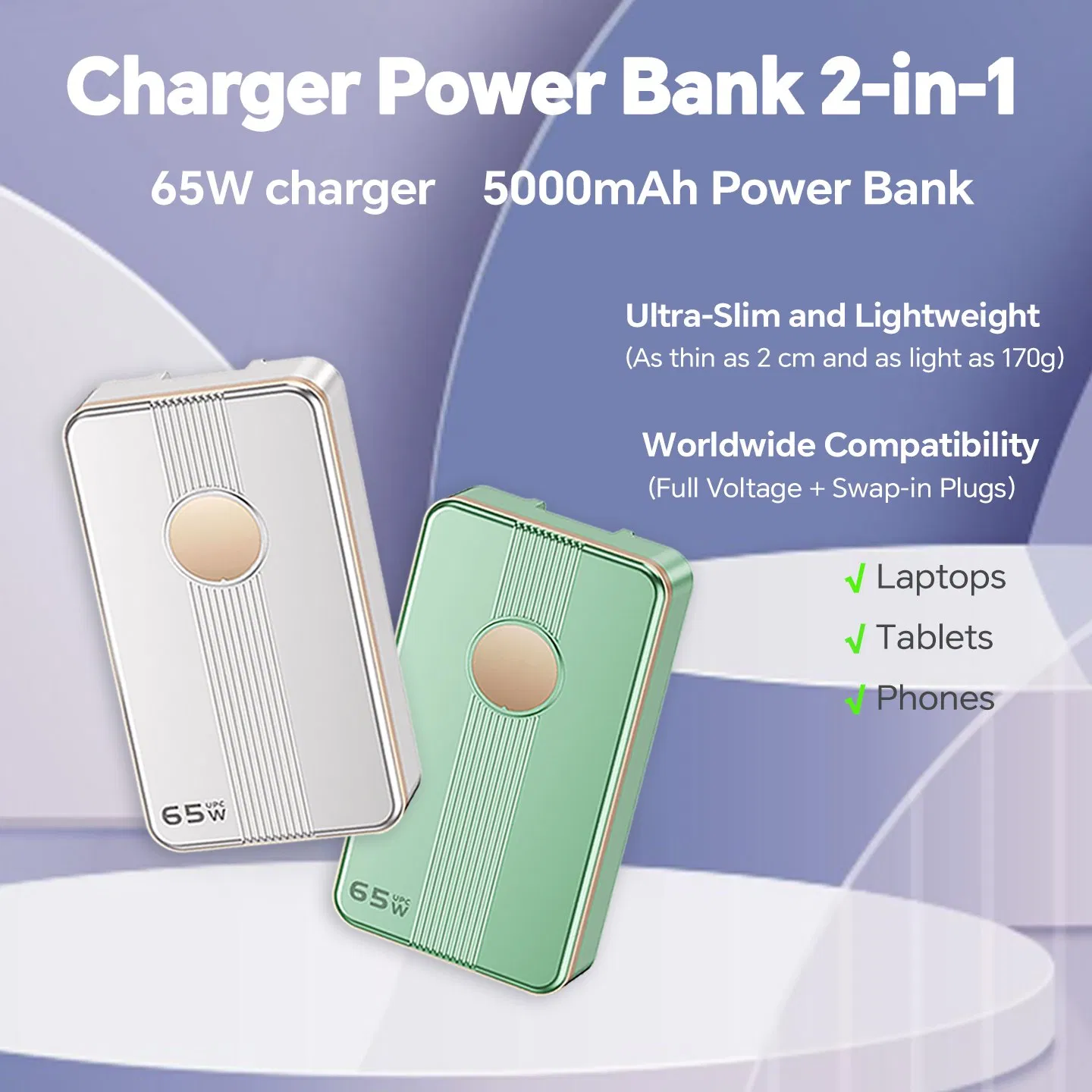5000mAh Power Bank with Dual USB-C Port 65W Wall Charger with AC Plug, Durable Charger for Cell Phone Mobile Phone