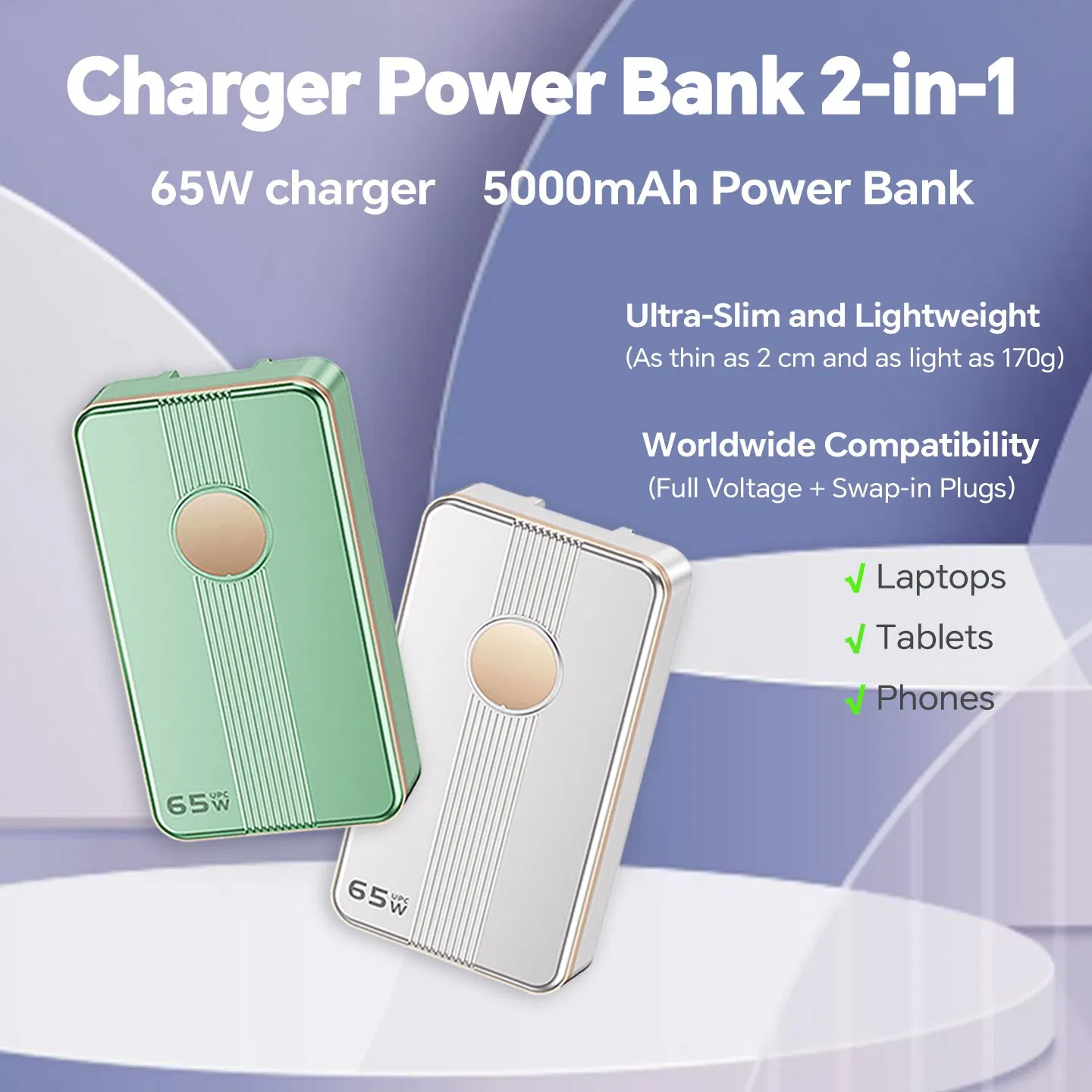 5000mAh Power Bank with Dual USB-C Port 65W Wall Charger with AC Plug, Durable Charger for Cell Phone Mobile Phone