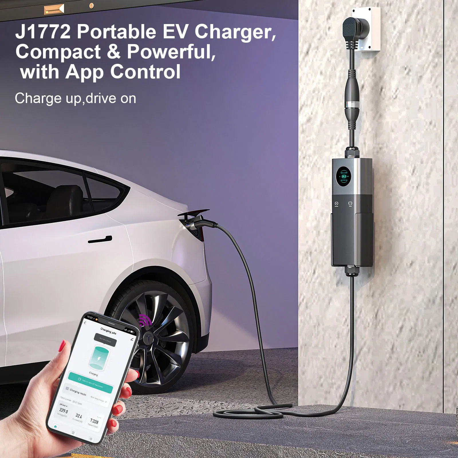 Smart Portable AC EV Charger with APP Control, 32A 22kw Fast Charging, Universal for All EV Models
