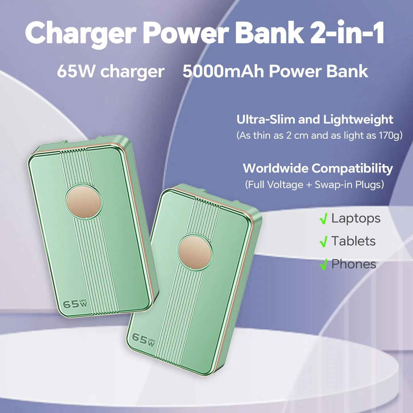 5000mAh Power Bank with Dual USB-C Port 65W Wall Charger with AC Plug, Durable Charger for Cell Phone Mobile Phone