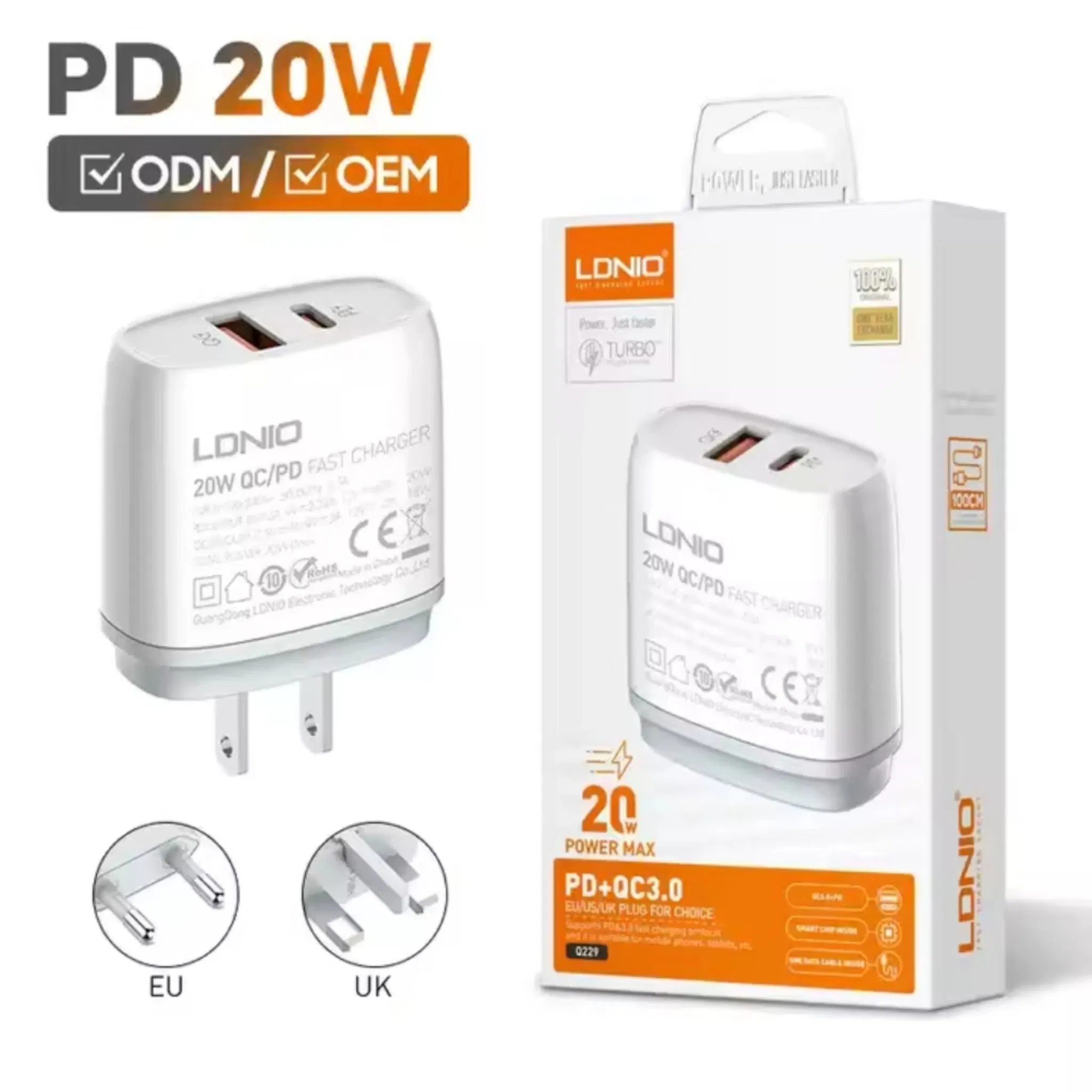 Ldnio Q229 2 Dual USB C Port a+C 20W Usbc QC 3.0 Pd Fast Charging EU Us Plug Adapter Mobile Phone Wall Charger for iPhone 14 15