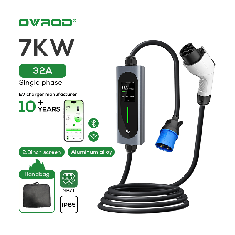 Ovrod Wi-Fi APP Control Vehicle Electric Charging Station Level 2 1 Phase 7kw Fast AC Gbt 32A Home Portable EV Charger Station
