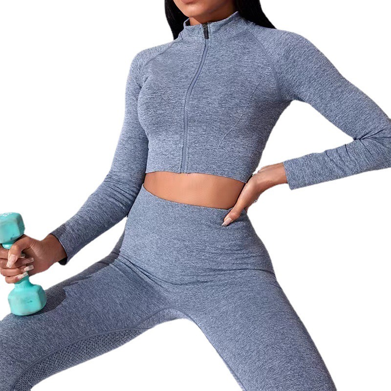 2 Piece Plus Size Slim Fit Seamless Zipper Long Sleeve Jacket Top with Butt Lift Leggings Activewear Suit Soft Stretchy Airy Athletic Clothing Set