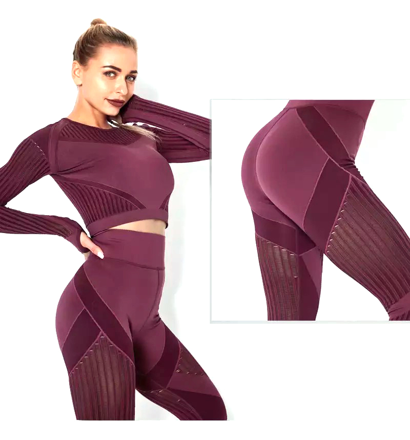 Womens 2 Pieces Stretch Mesh Insert Seamless Street Fitness Wear, Custom High Waist Yoga Leggings + Long Sleeve Crop Top Sexy Striped Gym Apparel for Ladies