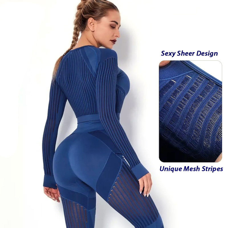 Womens 2 Pieces Stretch Mesh Insert Seamless Street Fitness Wear, Custom High Waist Yoga Leggings + Long Sleeve Crop Top Sexy Striped Gym Apparel for Ladies