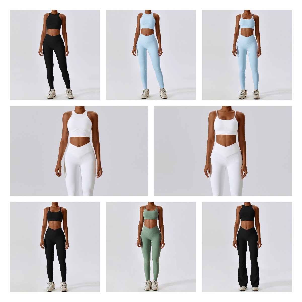 YISHENHON Gym Fitness Set Women Hanging Neck Sports Halter Bra Yoga Pants V Cross Waistband 4 Pcs Yogawear Women Workout Sets