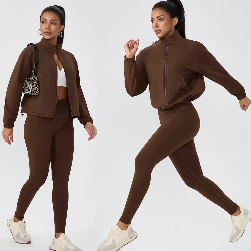 New Listing Two-Pieces Fleece Lined Athletic Apparel for Women, Fancy Tracksuit Zipper Jackets with Pockets and Adjustable Hem + Yoga Running with Scrunch Booty