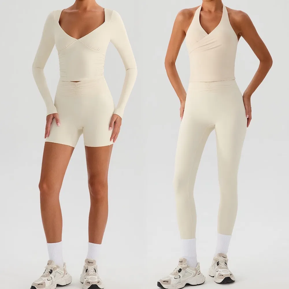 Hot Sexy 4 Pieces Yoga Apparel for Women, Attractive V Neck Sports Top with Bra + High Waisted Gym Shorts +Running Leggings Premium Matching Activewear Set