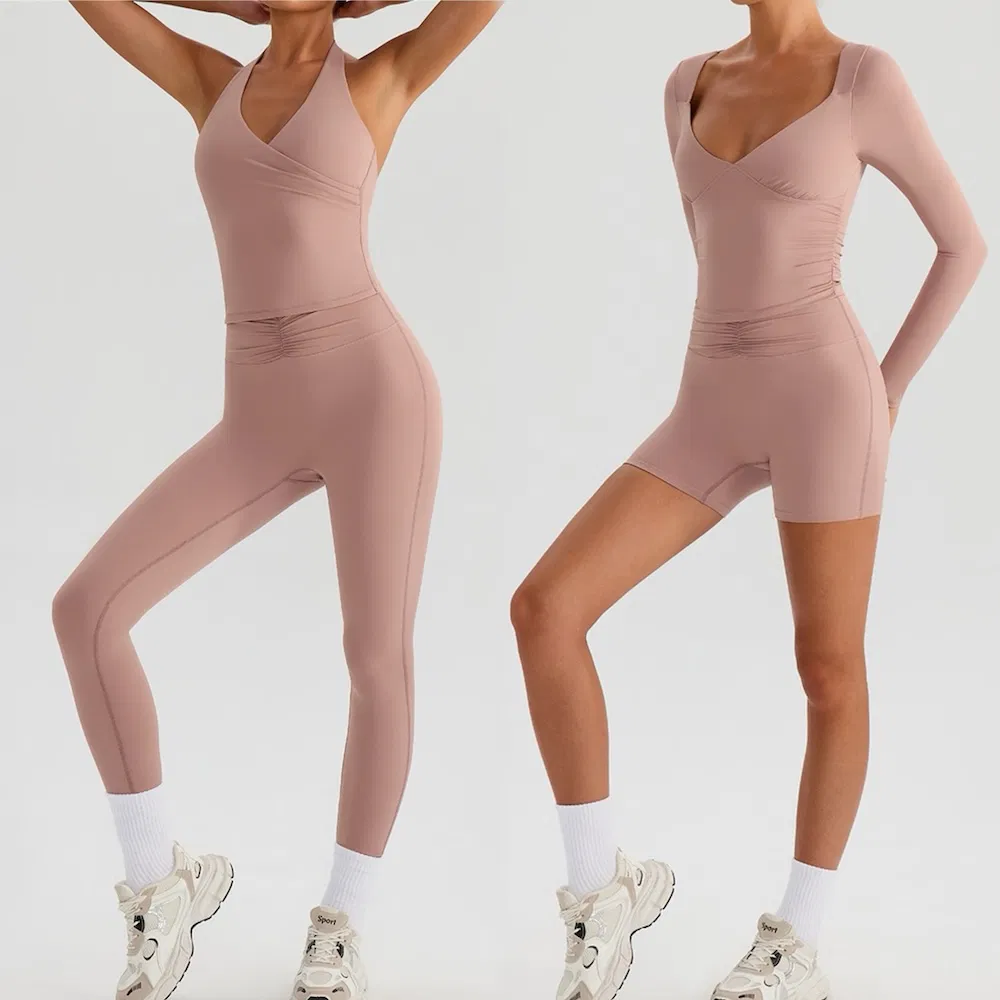 Hot Sexy 4 Pieces Yoga Apparel for Women, Attractive V Neck Sports Top with Bra + High Waisted Gym Shorts +Running Leggings Premium Matching Activewear Set