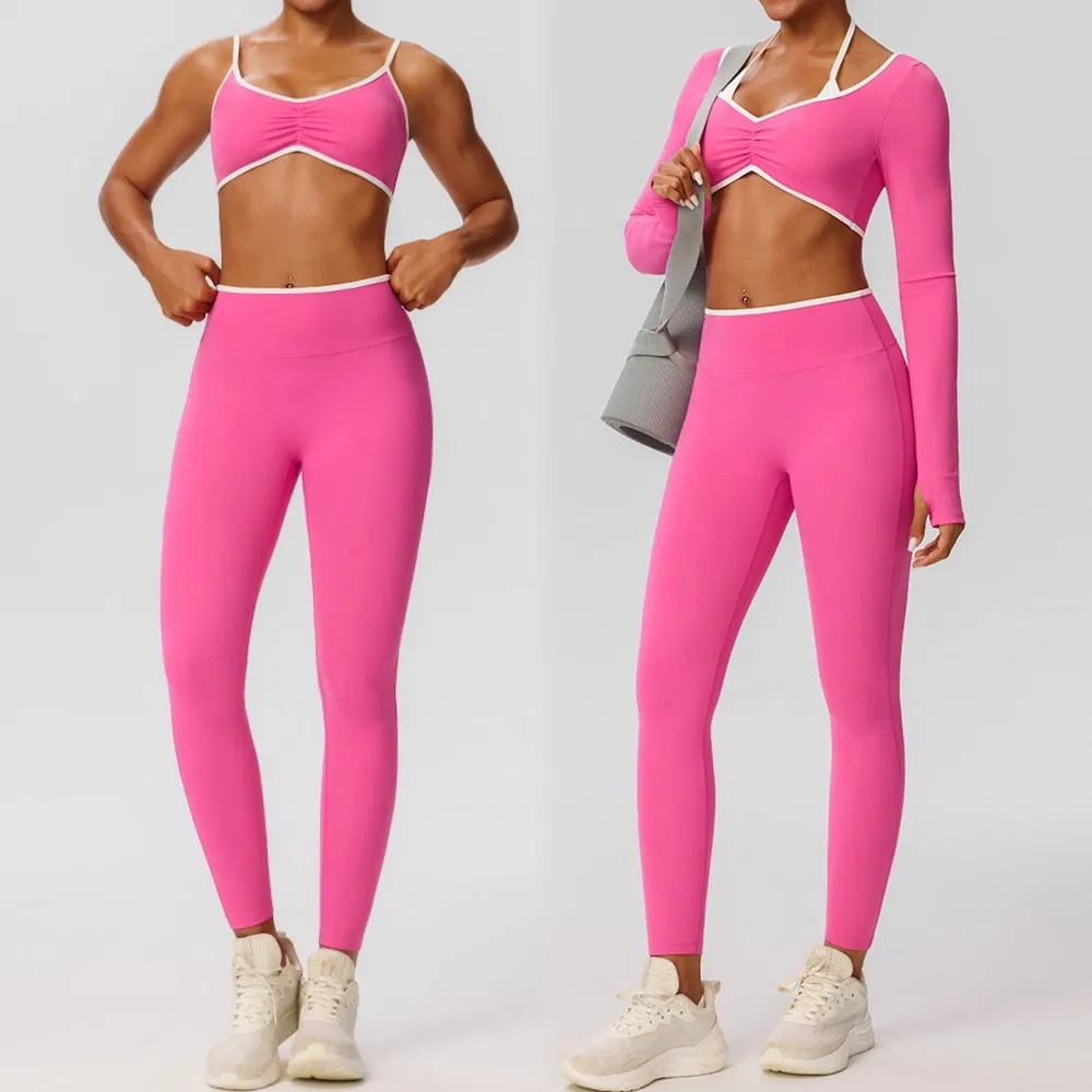 New Listing 3 Pieces Set Color-Blocked Gym Pilates Apparel for Women, Long Sleeve Crop Top +Sports Bra + Scrunch Booty Leggings Ropa De Yoga Wear Sweatsuits