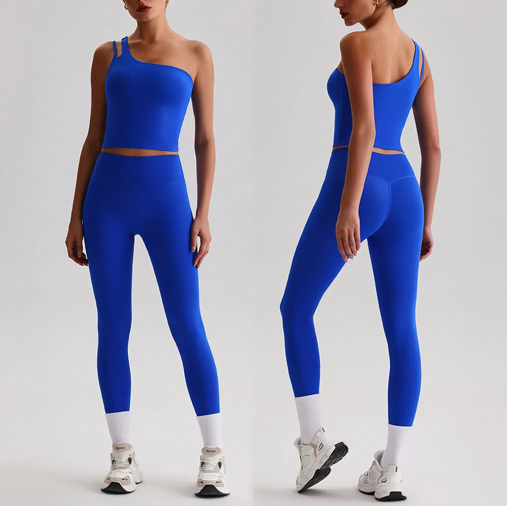 One Shoulder Sports Longline Open Back Workout Tank Tops+ High Waisted Gym Fitness Leggings 2 Matching Activewear Set Hot Selling Athletic Yoga Apparel