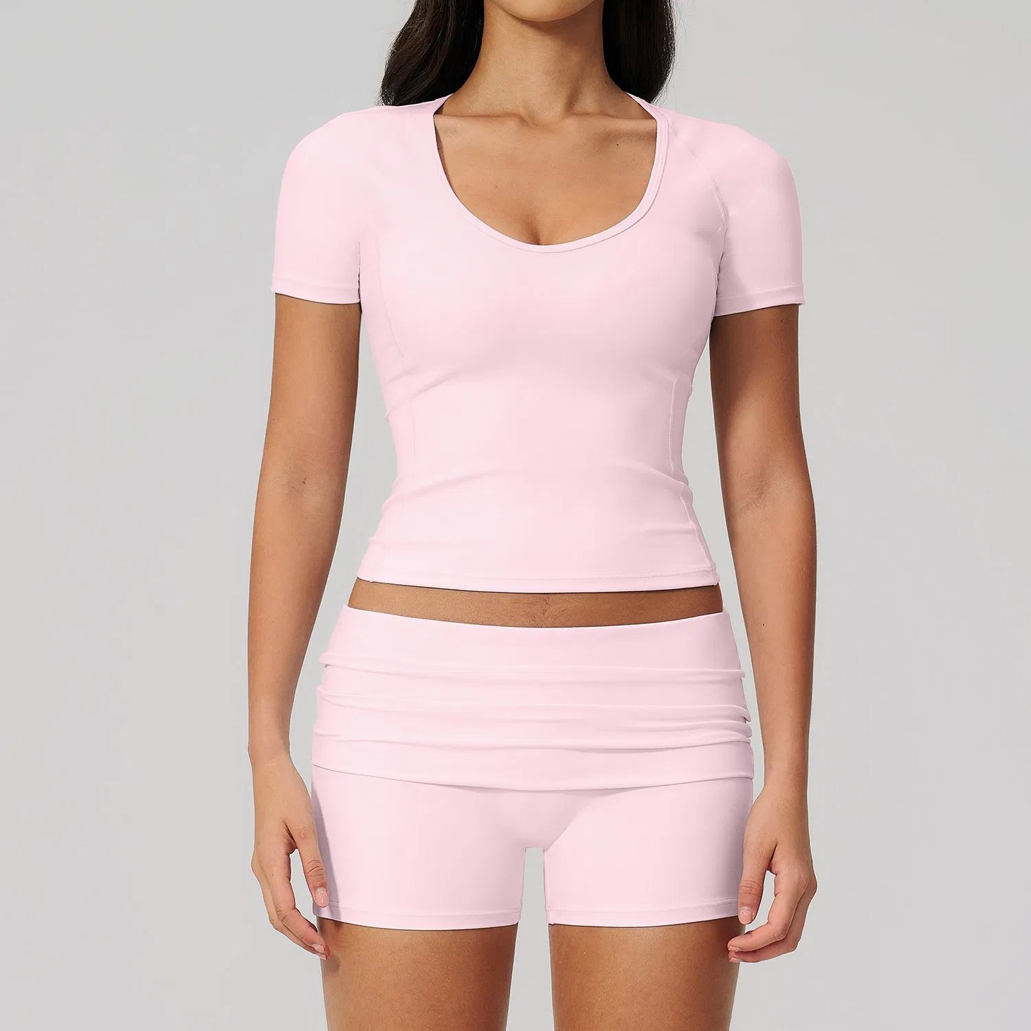 Seamless Square Neck Slim Fit Short Sleeve, High Waist Foldover Bike Shorts with Peach Hip Line, Quick Dry Anti-Odor 2PCS Activewear.