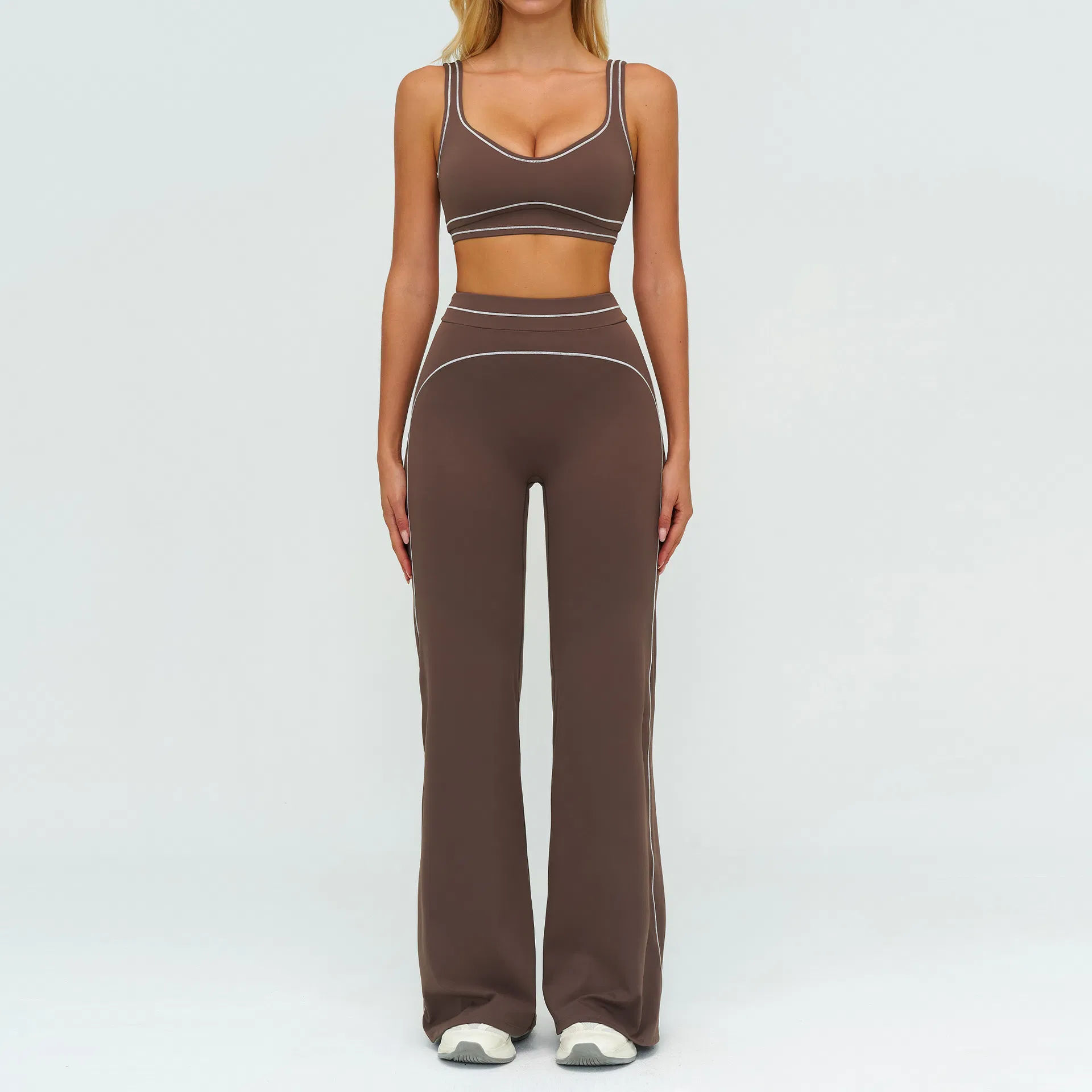 Custom Logo Women's 2 Piece Yoga Set - Contrast Stitching Sports Bra &amp; High Waist Flare Leggings Workout Activewear