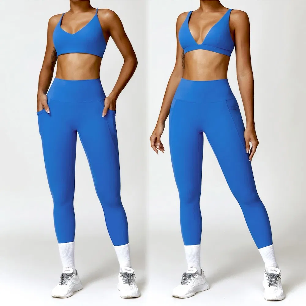 Wholesale American and European Fashion Plunge V Neck Activewear for Women, Sexy Supportive Workout Bra + Gym Leggings with Side Pockets Yoga Sports Suit