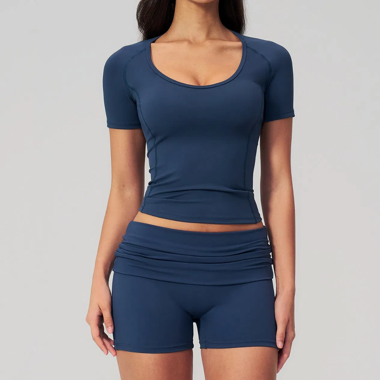 Seamless Square Neck Slim Fit Short Sleeve, High Waist Foldover Bike Shorts with Peach Hip Line, Quick Dry Anti-Odor 2PCS Activewear.