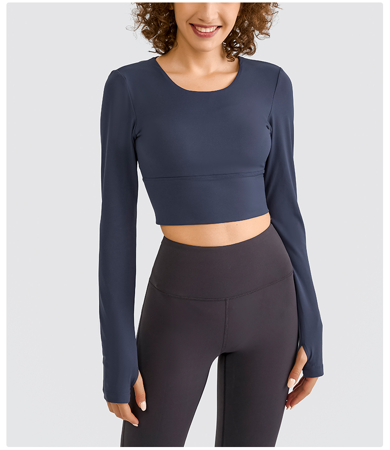 Wholesale Thumb Hole Cuffs Design Long Sleeve Back Cross Strap Women′ S Yoga Tops Fitness Activewear