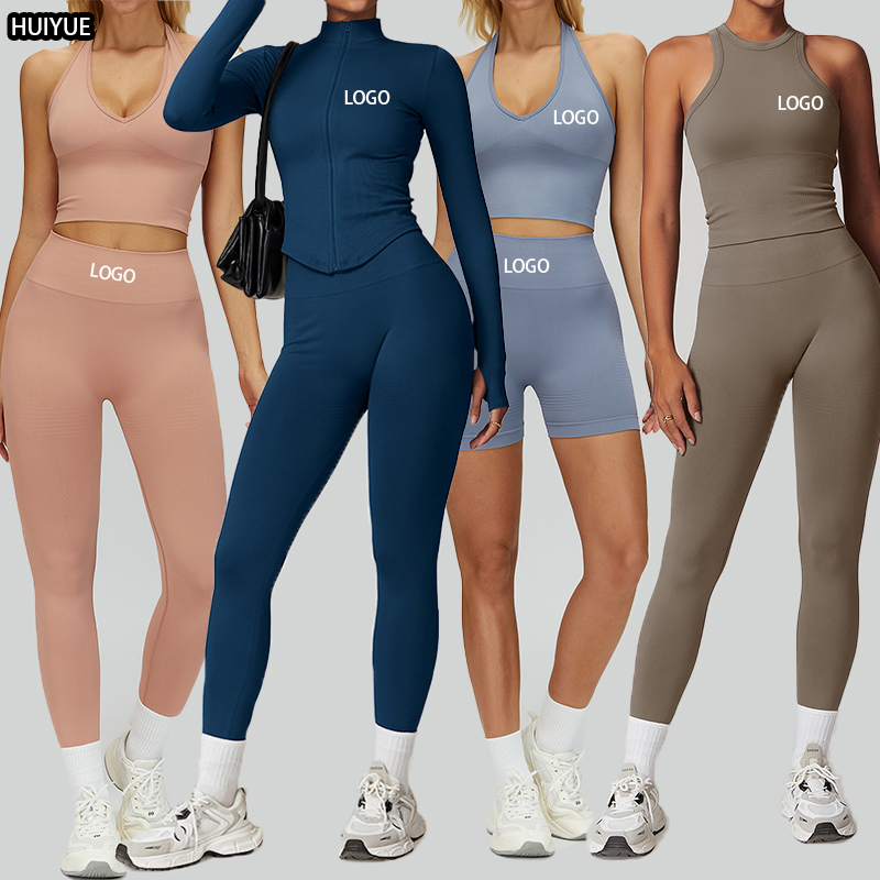 6pcs Yoga Sets Seamless Shorts Sports Bra Workout Vest Zipper Jacket Women Clothes High Waist Leggings Gym Fitness Wear Suit
