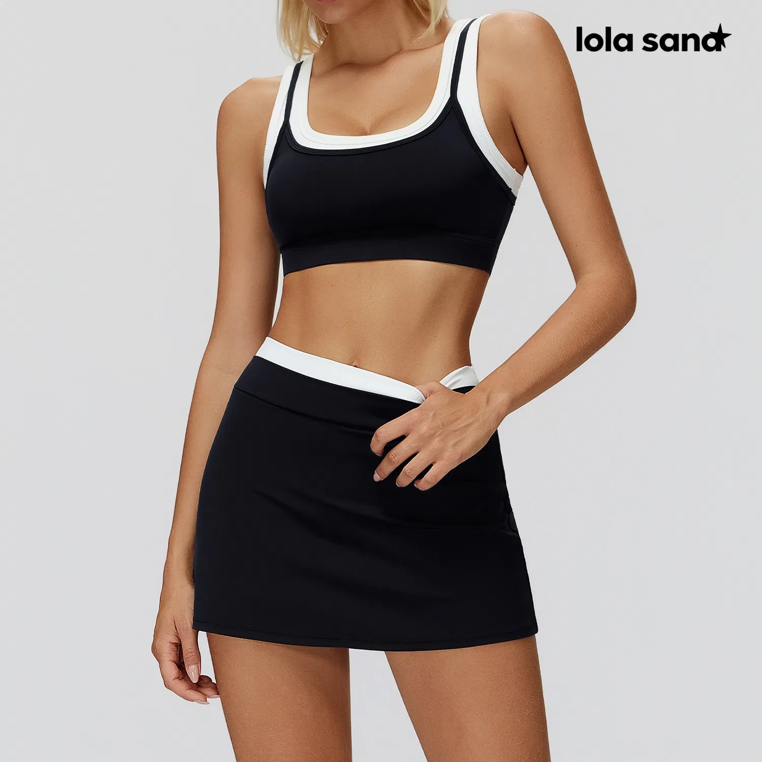Women's Workout Bra &amp; A-Line Yoga Skirt - Built-in Liner with Side Storage, Two-Tone Design, High Elastic Fabric, Ladies Apparel, Conjunto Feminino