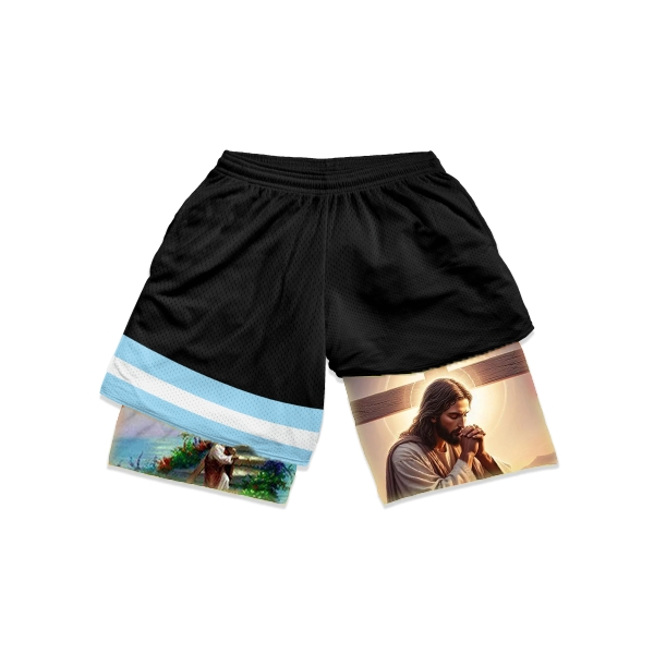 Custom Logo OEM Workout Polyester 2 in 1 Inseam Jesus Fitness Pocket Sweat Unisex Sport Basketball Mens Gym Mesh Shorts