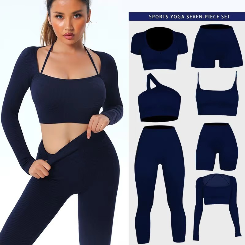 7-Piece Woman's Sportswear Gym Set Seamless Yoga Conjuntos Activewear with Solid Pattern Yoga Wear