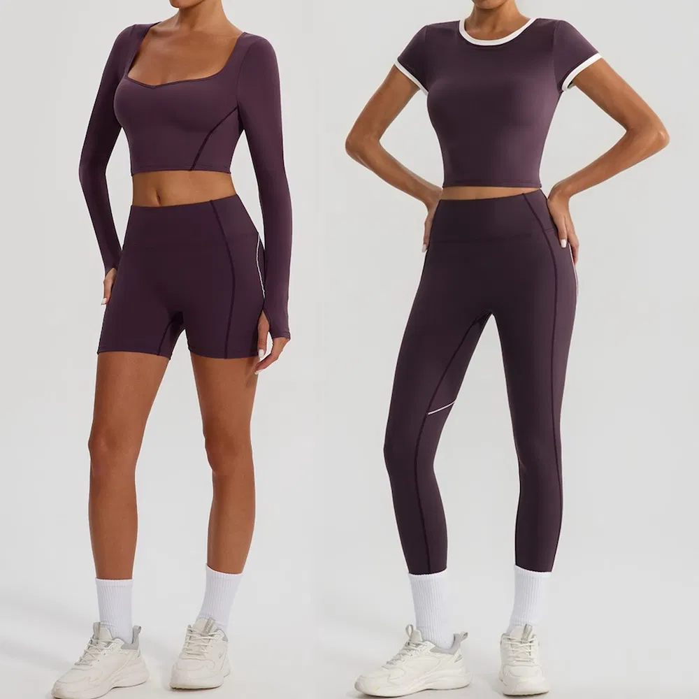 Custom 4PCS Color-Block Workout Outfits Fitness Apparel for Women, 2 Styles Athletic T-Shirt + Biker Shorts + Yoga Leggings + Premium Matching Activewear Set