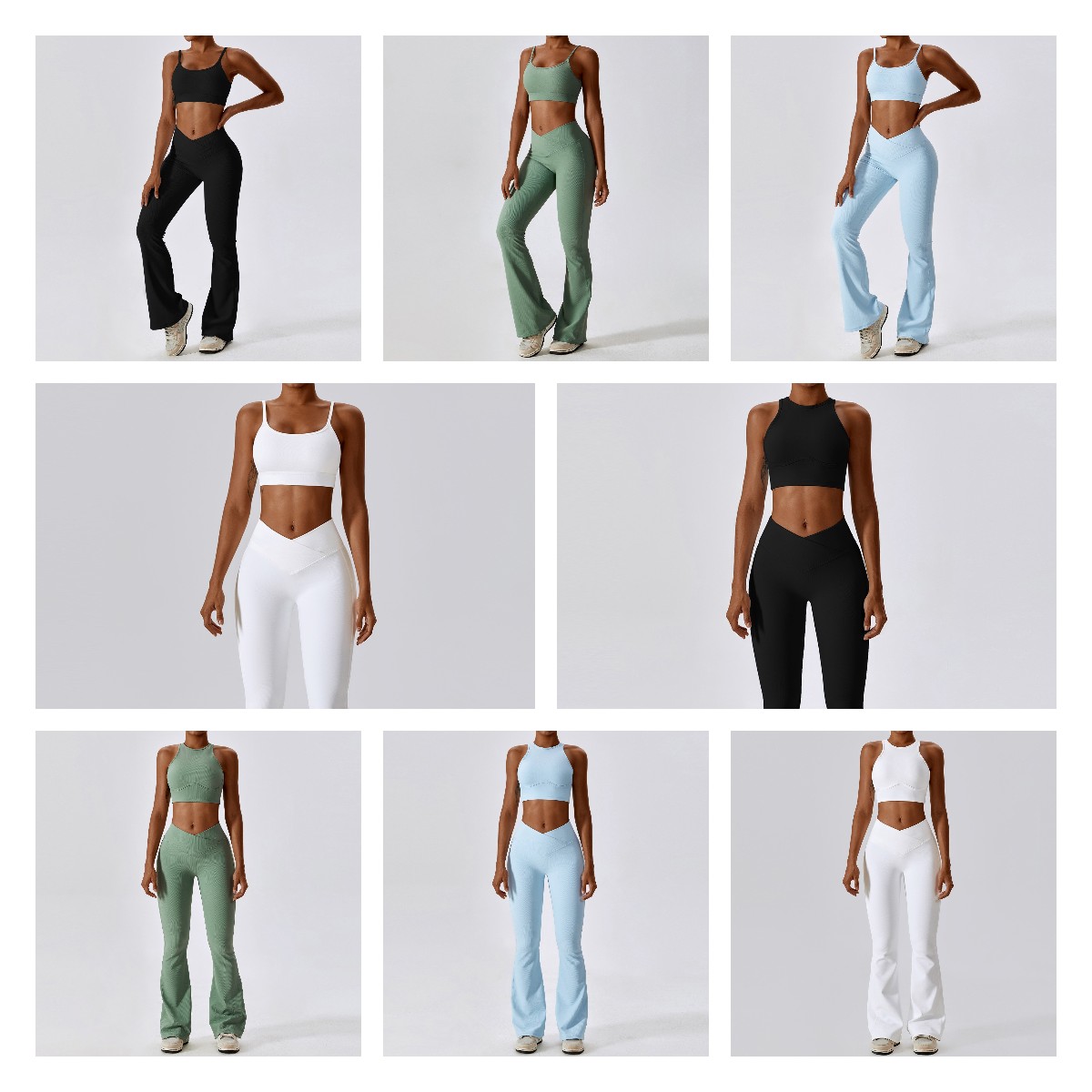 YISHENHON Gym Fitness Set Women Hanging Neck Sports Halter Bra Yoga Pants V Cross Waistband 4 Pcs Yogawear Women Workout Sets