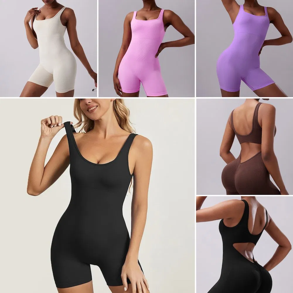 Hot Selling Summer Compression Gym Apparel One-Piece Scrunch Butt Activewear Jumpsuit for Women, Custom Logo Seamless Workout Fitness Shorts Yoga Romper Unitard
