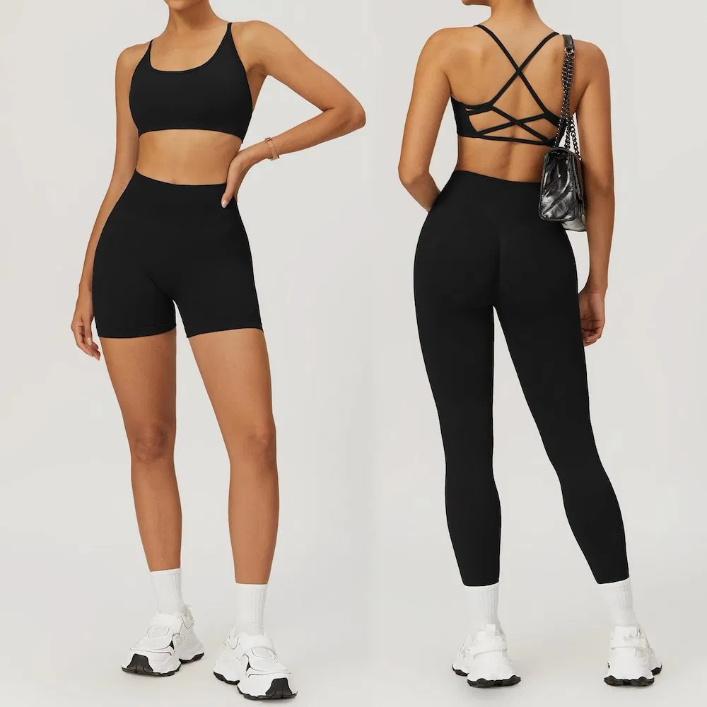 Wholesale 3 PCS Plus Size Seamless Yoga Set Pilates Fitness Clothing Vendor, Sexy Strappy Back Sports Bra + Gym Shorts + Workout Leggings Matching Activewear
