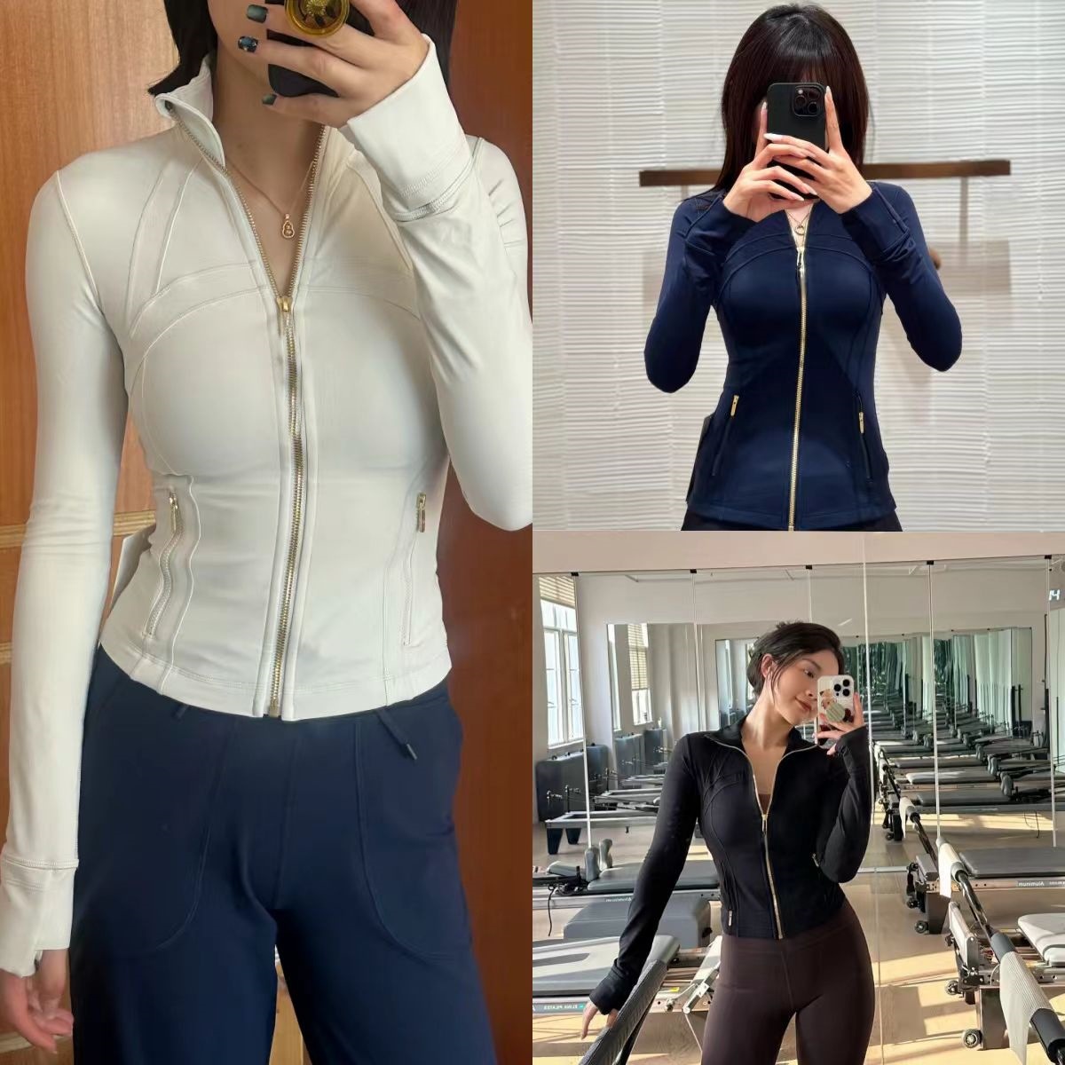Resell Vendor Quick Dry Nylon Spandex Seamless Gym Women Jacket Stand Collar Neck Gold Zipper Workout Yoga Top Jackets for Women