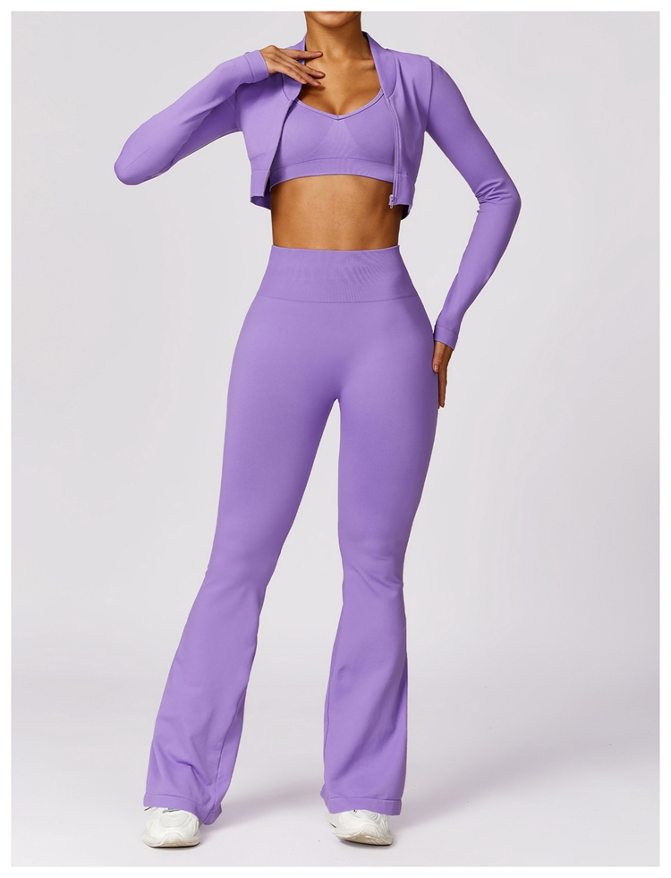Sports Bra Crop Zipper Jacket Flare Yoga Pants High Stretch Compression Active Wear Women Seamless 3PCS Yoga Sets