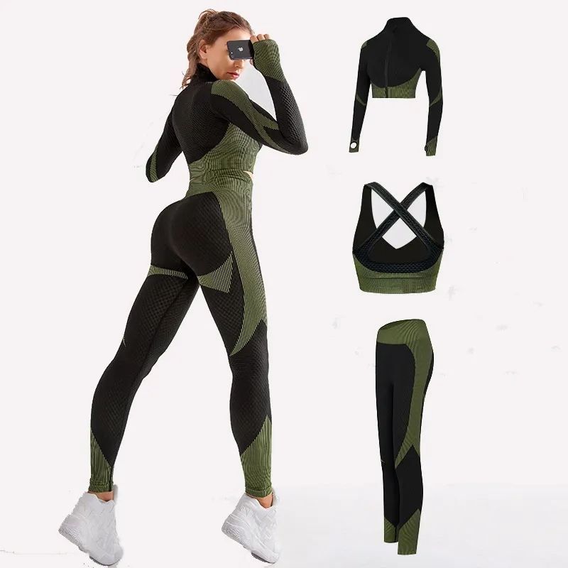 Factory Wholesale Sports 3-Pieces Shockproof Leggings Zip Jackets Bra Seamless Yoga Set Activewear