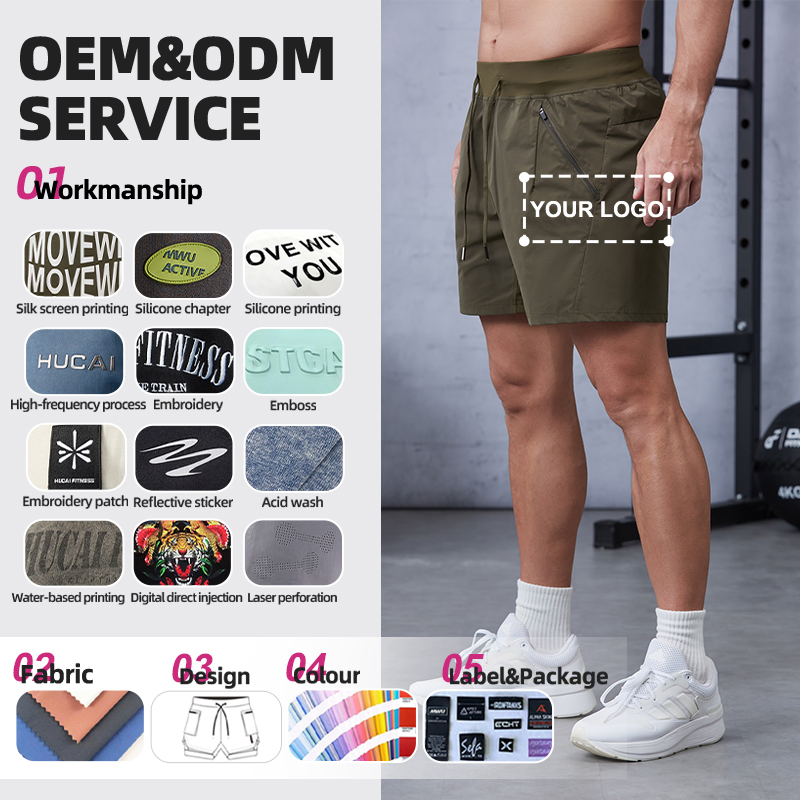 Hucai OEM ODM Premium Activewear Artful Structural Design Drawstring Dry Fit Polyester Breathable Gym Shorts for Men