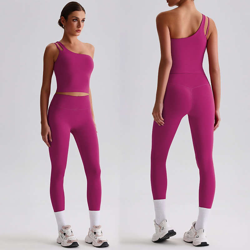 One Shoulder Sports Longline Open Back Workout Tank Tops+ High Waisted Gym Fitness Leggings 2 Matching Activewear Set Hot Selling Athletic Yoga Apparel