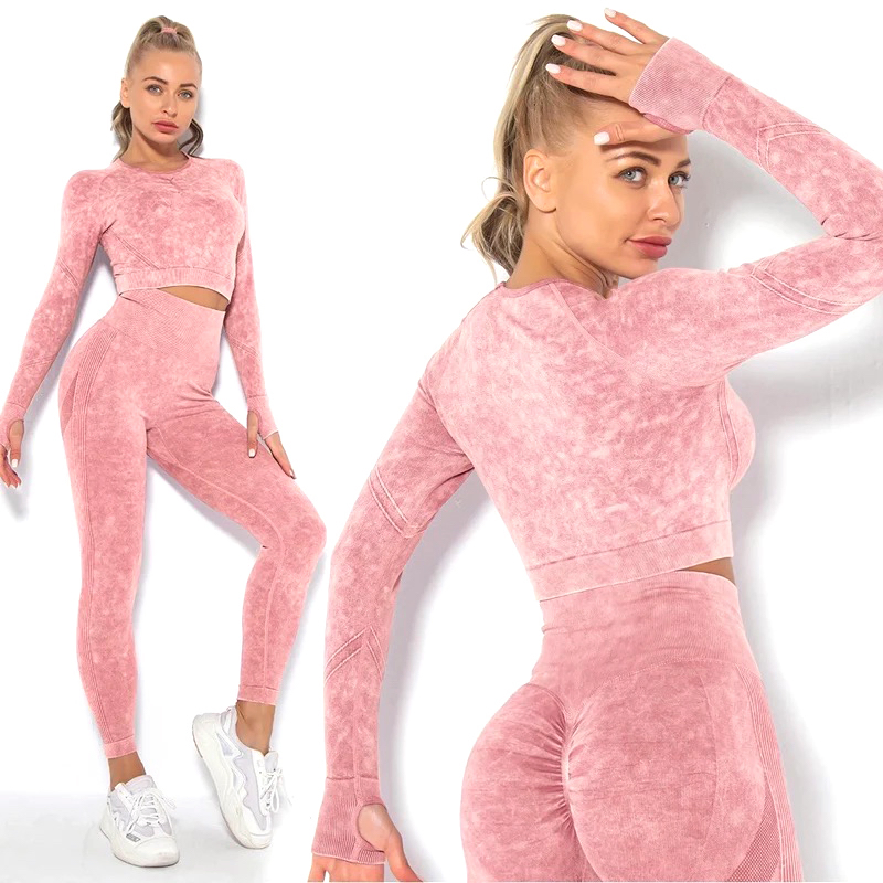 Hot Sexy Seamless Long Sleeve Gym Athletic Apparel for Women, Custom Retro Fashion Streetwear Workout Crop Top + Scrunch Booty Leggings Stretchy Activewear Sets