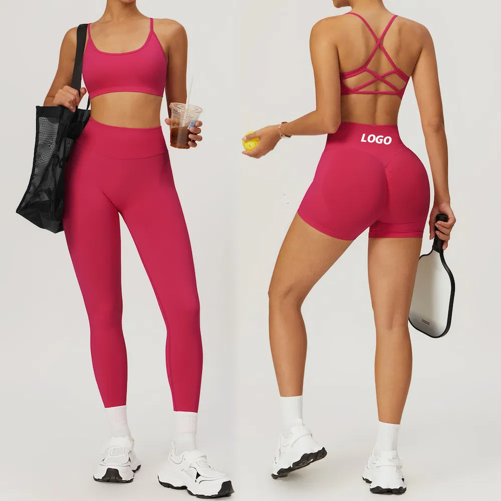 Wholesale 3 PCS Plus Size Seamless Yoga Set Pilates Fitness Clothing Vendor, Sexy Strappy Back Sports Bra + Gym Shorts + Workout Leggings Matching Activewear