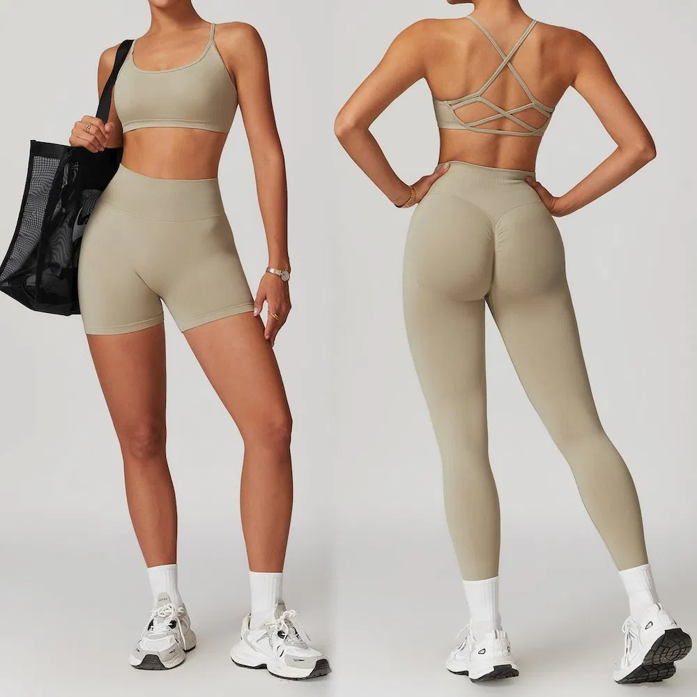 Wholesale 3 PCS Plus Size Seamless Yoga Set Pilates Fitness Clothing Vendor, Sexy Strappy Back Sports Bra + Gym Shorts + Workout Leggings Matching Activewear