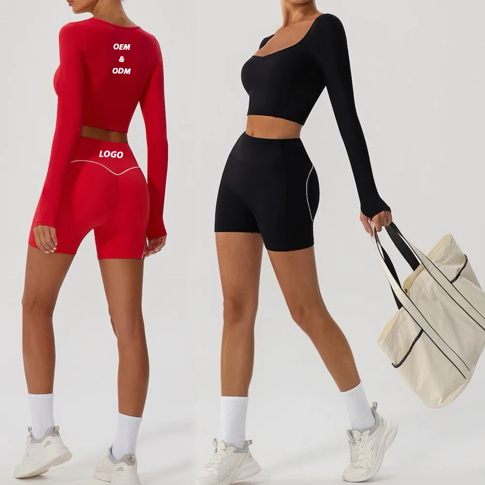 Custom 4PCS Color-Block Workout Outfits Fitness Apparel for Women, 2 Styles Athletic T-Shirt + Biker Shorts + Yoga Leggings + Premium Matching Activewear Set