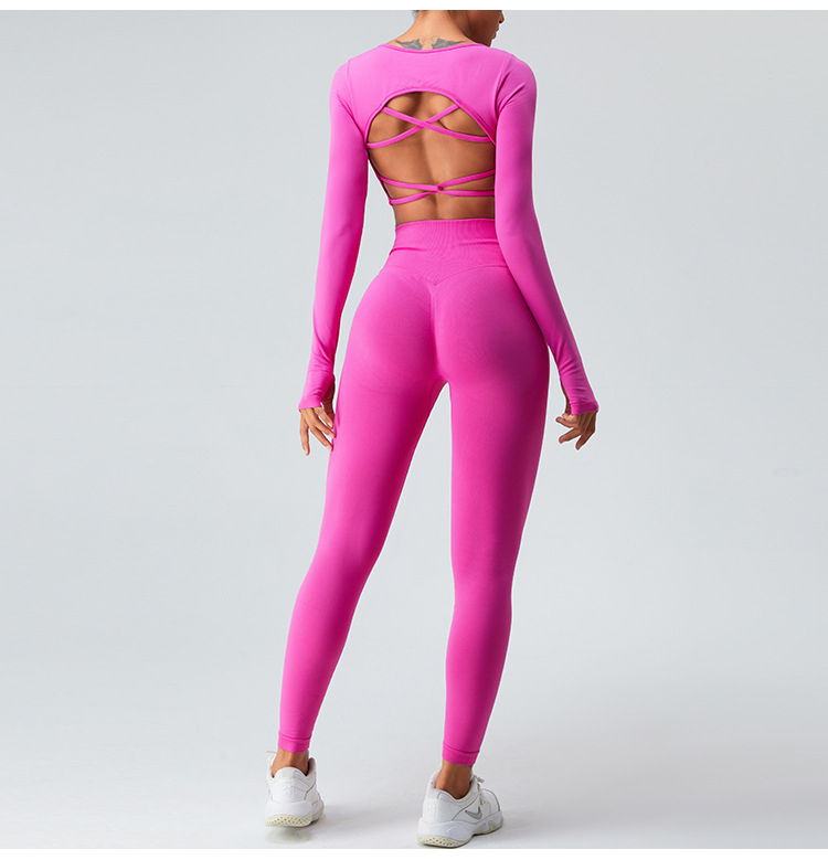 Nude Feeling Seamless Women's Gym Workout Activewear Set Sports Yoga Cross Backless Long Sleeve Fitness Top + Butt Lifting V Back Leggings