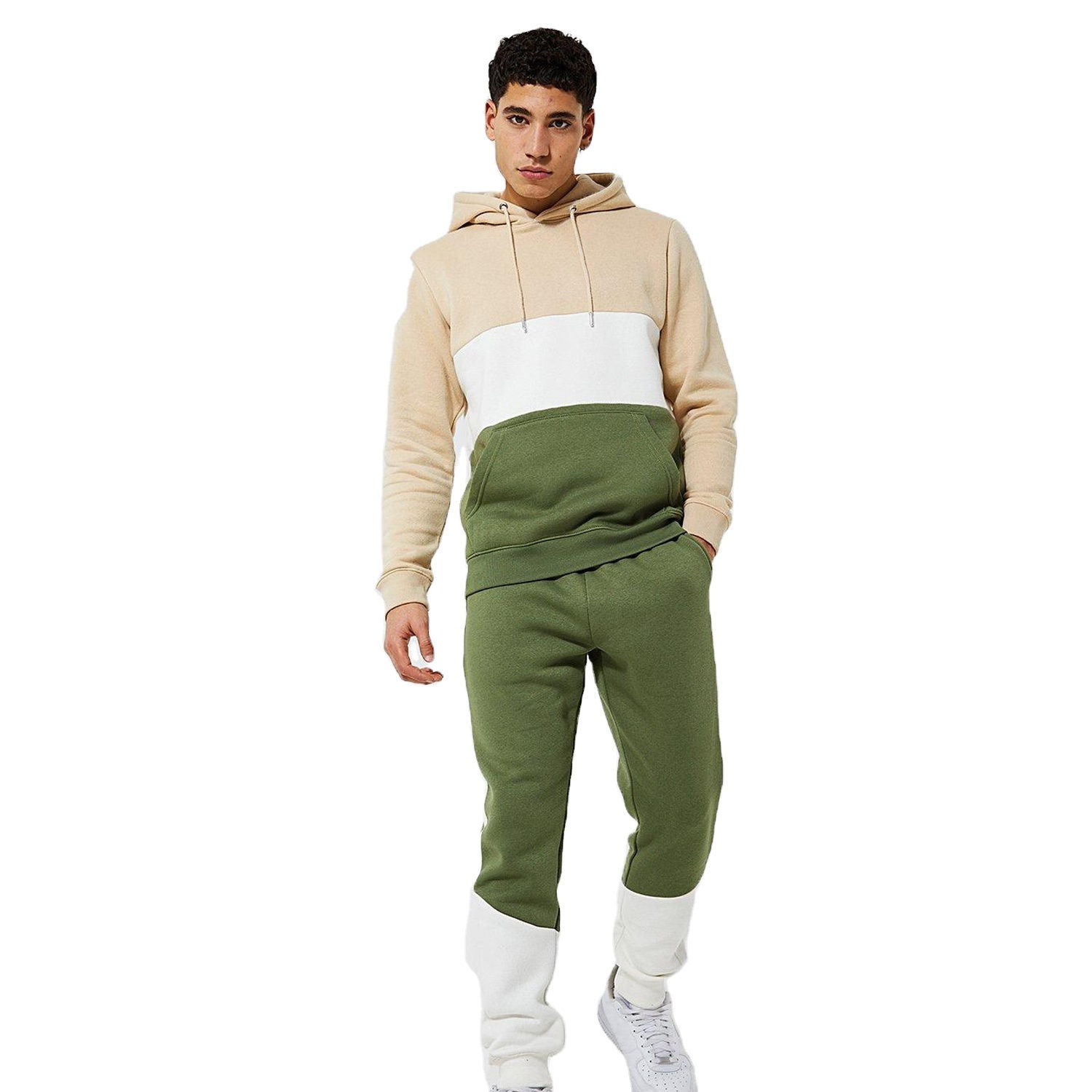 Premium Plain Mens Color Block Tracksuit Set Hooded Sweatshirt And Jogger Pants Sportswear For Gym Training Daily Wear Wholesale