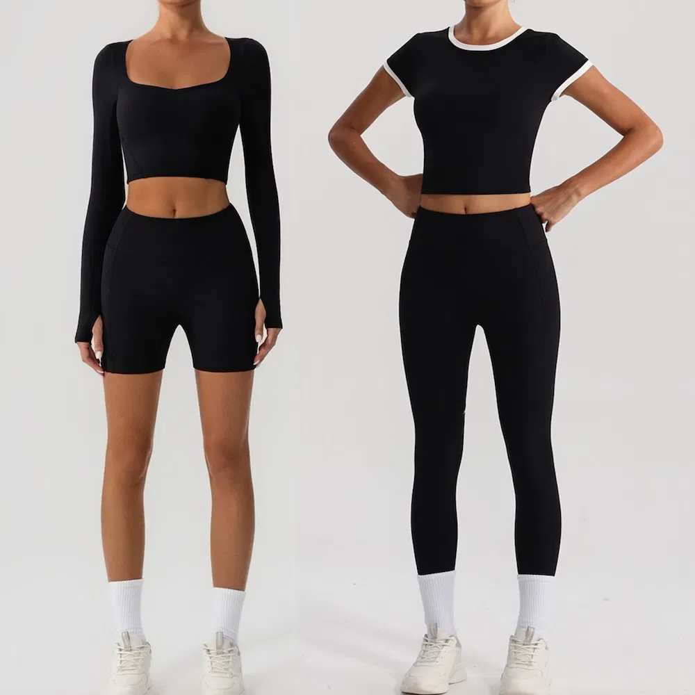 Custom 4PCS Color-Block Workout Outfits Fitness Apparel for Women, 2 Styles Athletic T-Shirt + Biker Shorts + Yoga Leggings + Premium Matching Activewear Set