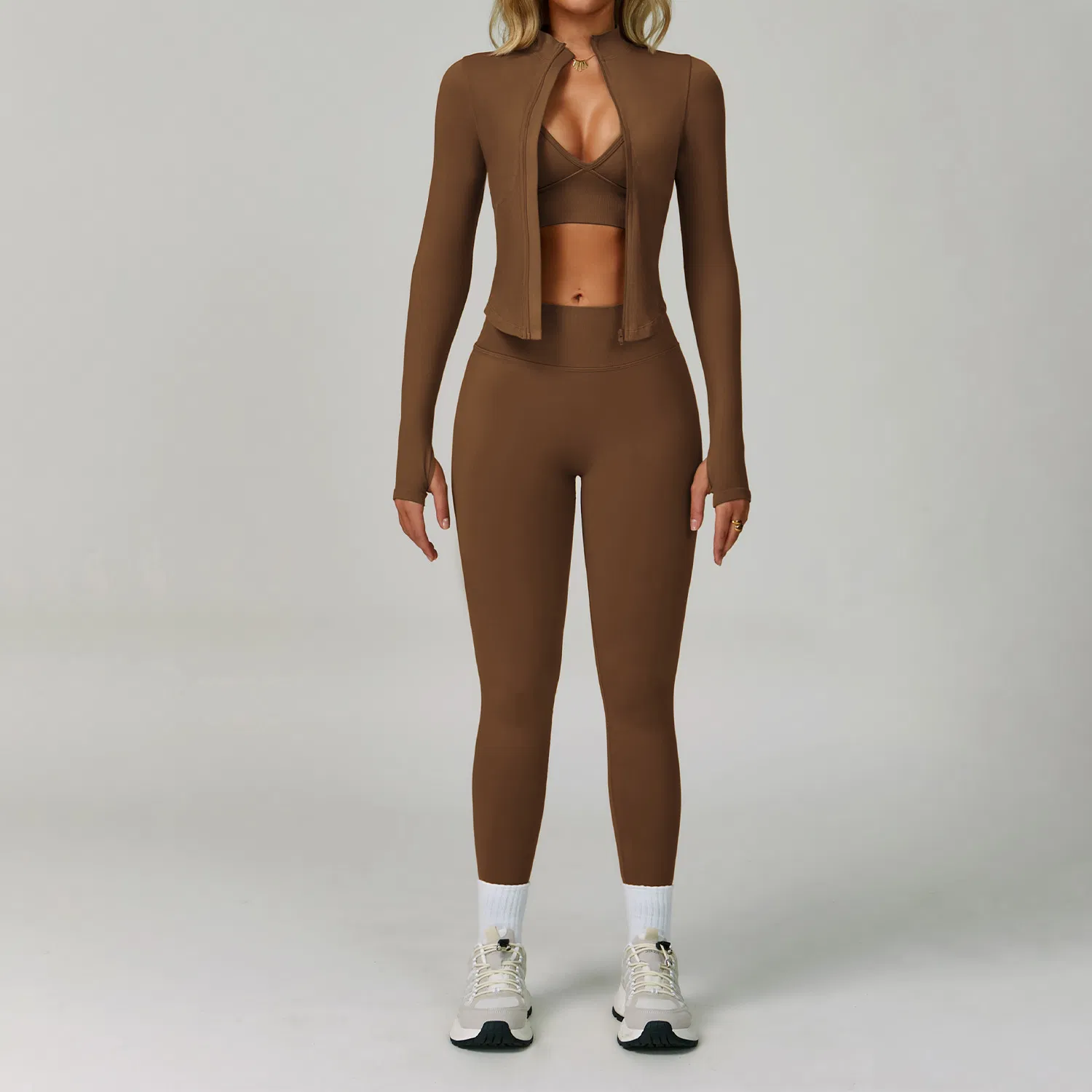 3-Piece Seamless Women's Yoga Set, Slim-Fit High-Waist Fitness Leggings Top and Jacket, Quick-Dry Running Outdoor Sportswear